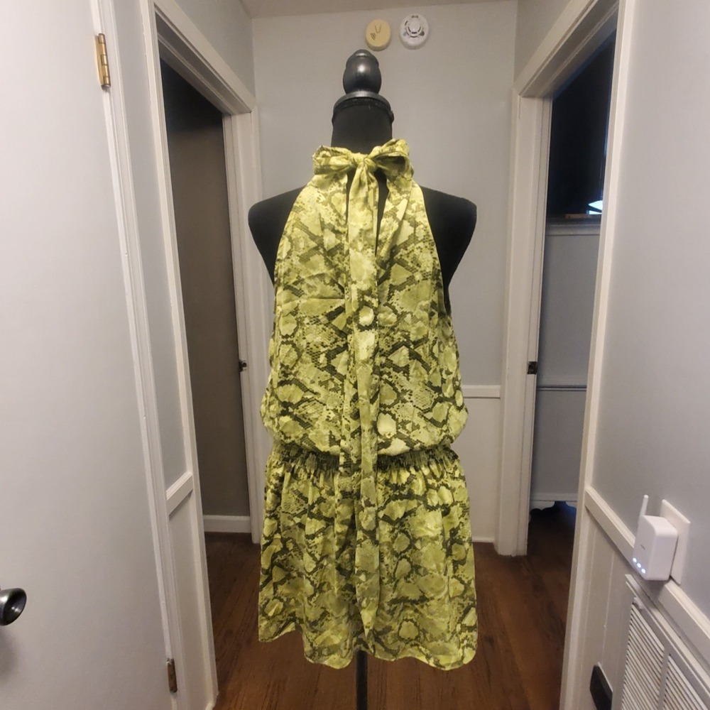 Do + Be Green Snake Print Sleeveless High Neck Halter Dress Elastic Waist Sz Med - Picture 3 of 10